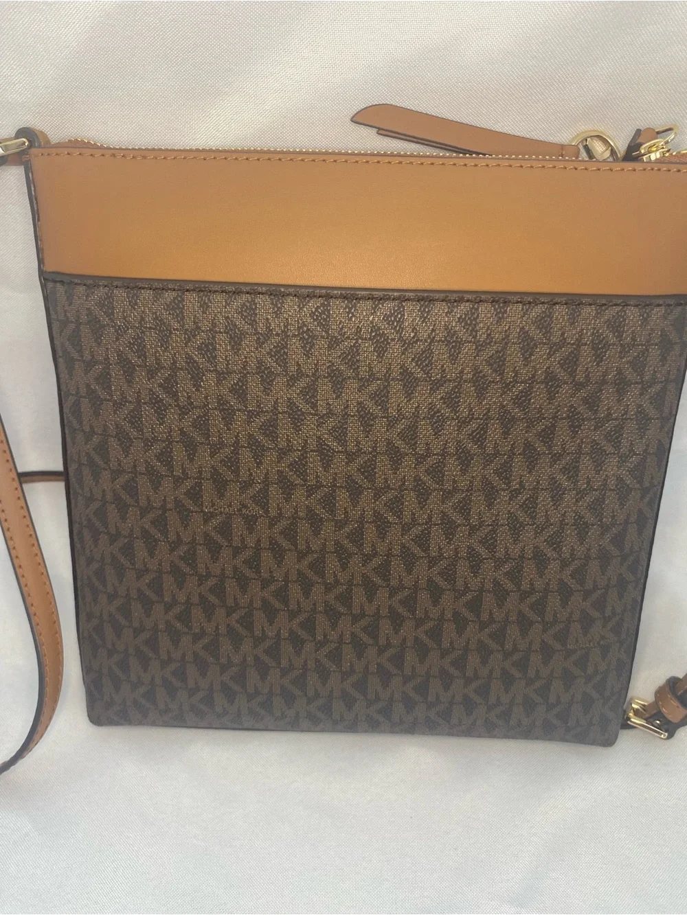 Michael Kors Brown Monogram Crossbody with Tan Trim and Gold Hardware